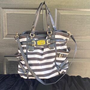 Michael Kors Black and White Striped Tote with Gold Accents